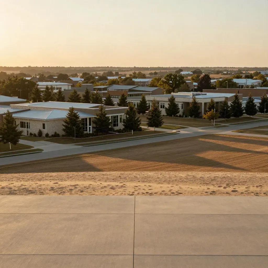 Golden suburban horizon of Plano and Frisco edges with trees and low-rise buildings at sunset.