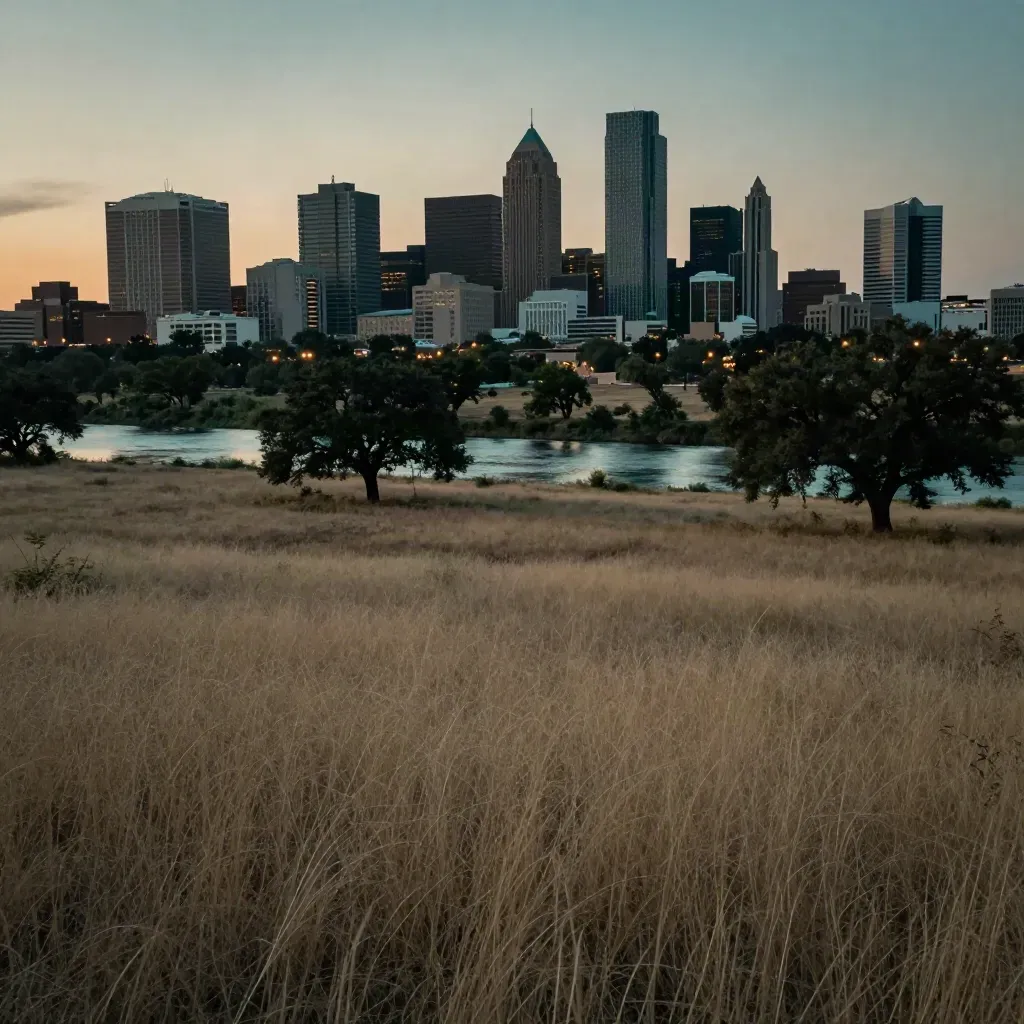 Fort Worth skyline glowing above a hazy river plain at blue hour