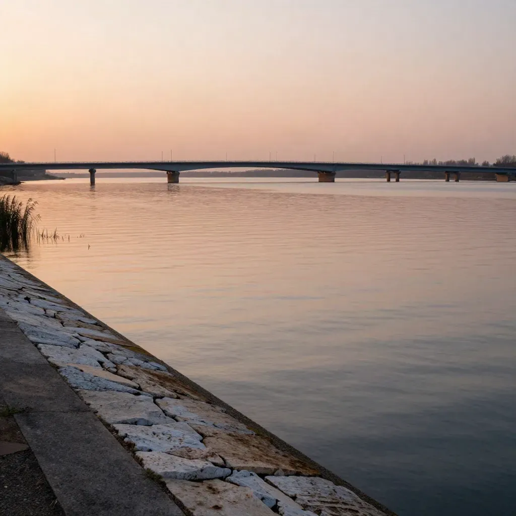Lake Ray Hubbard shoreline with bridge, calm water, and peach dusk sky