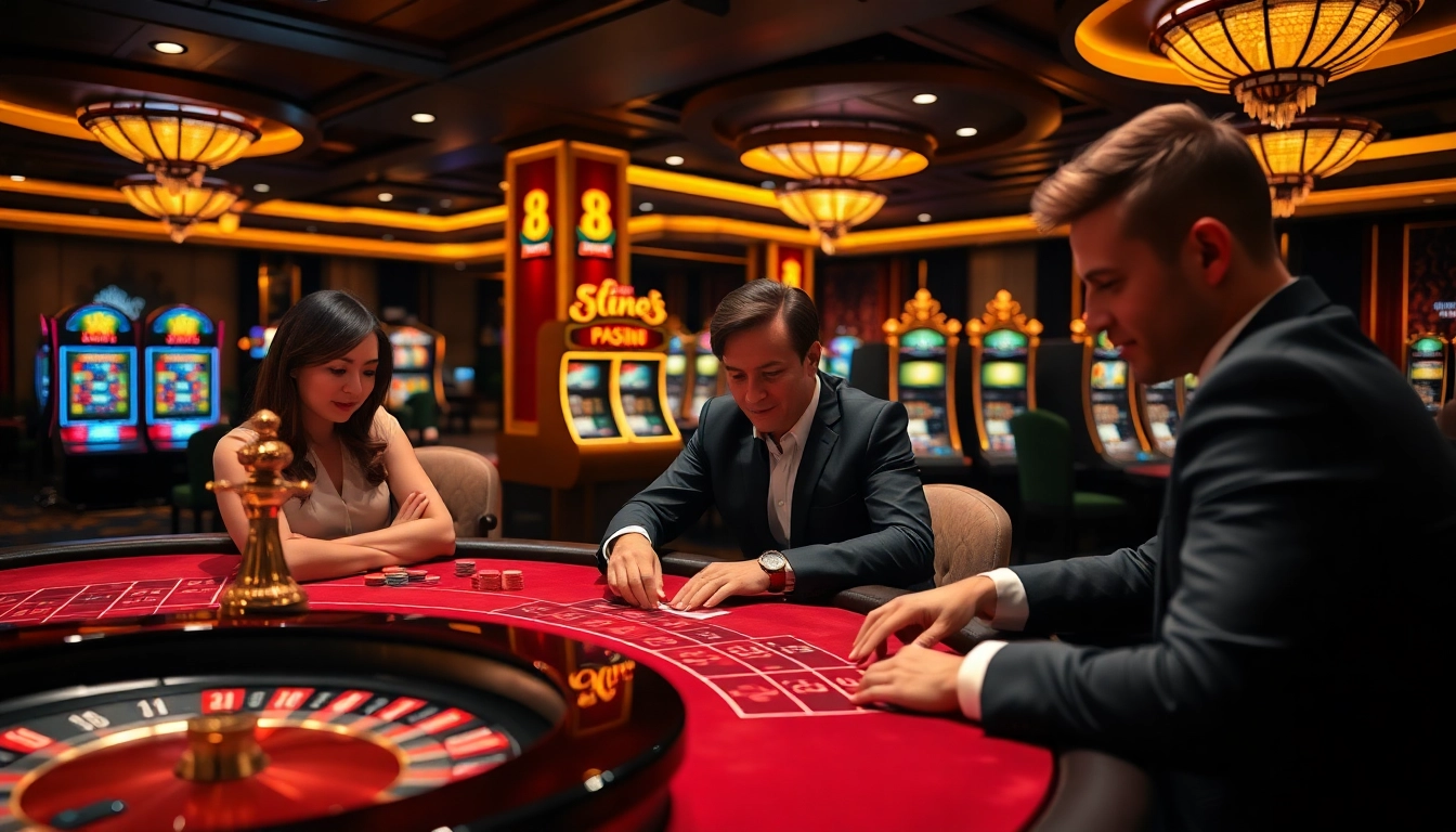 Players enjoy thrilling games at Nhà cái xin88 casino, featuring vibrant poker tables and illuminated slot machines.