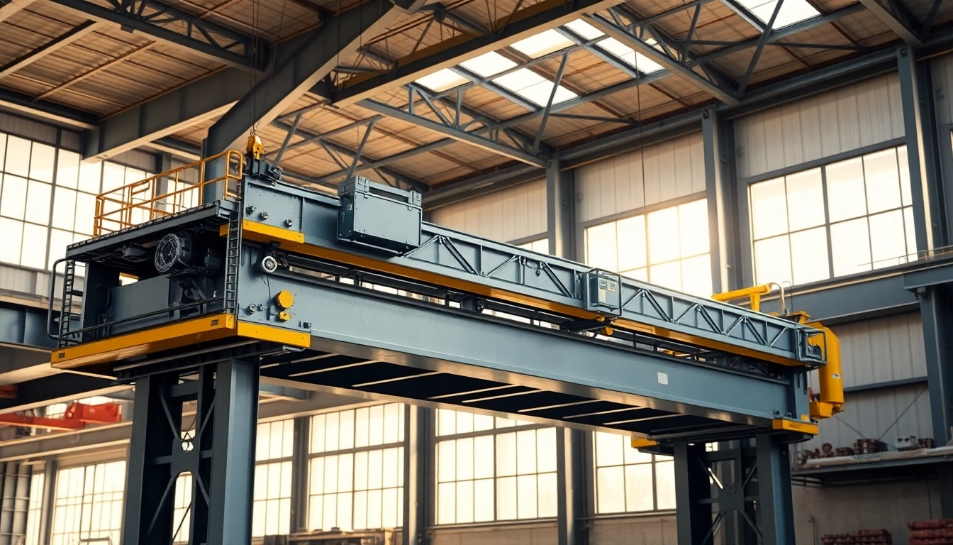 Double girder bridge crane efficiently lifting heavy materials in a modern industrial warehouse setting.
