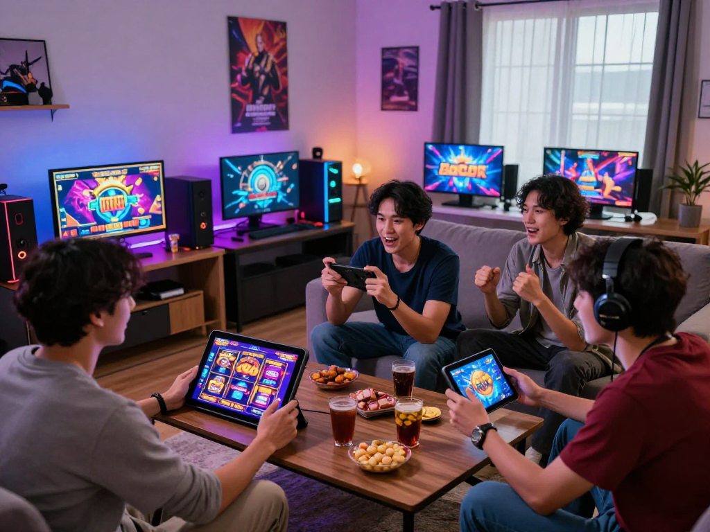 Pengguna bermain slot gacor dalam suasana gaming modern dengan berbagai perangkat dan semangat tinggi.
