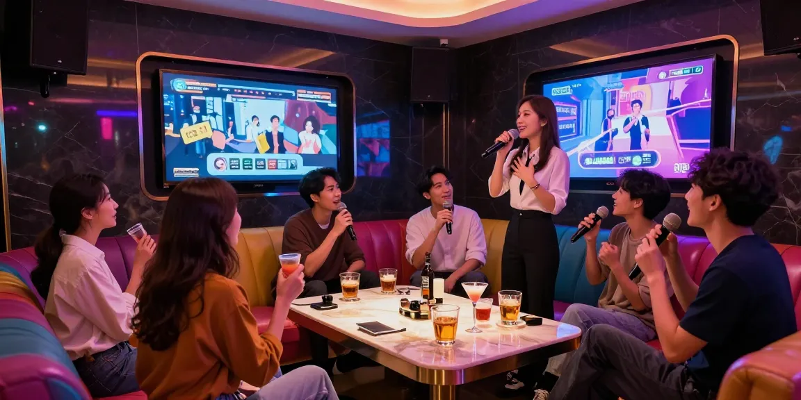 강남가라오케의 화려한 룸에서 친구들과 함께 즐거운 시간을 보내는 모습