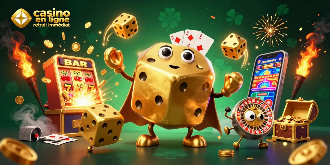 Jouez à des jeux comme le casino en ligne retrait immédiat avec une scène dynamique de dés dorés et des machines à sous éclatantes.