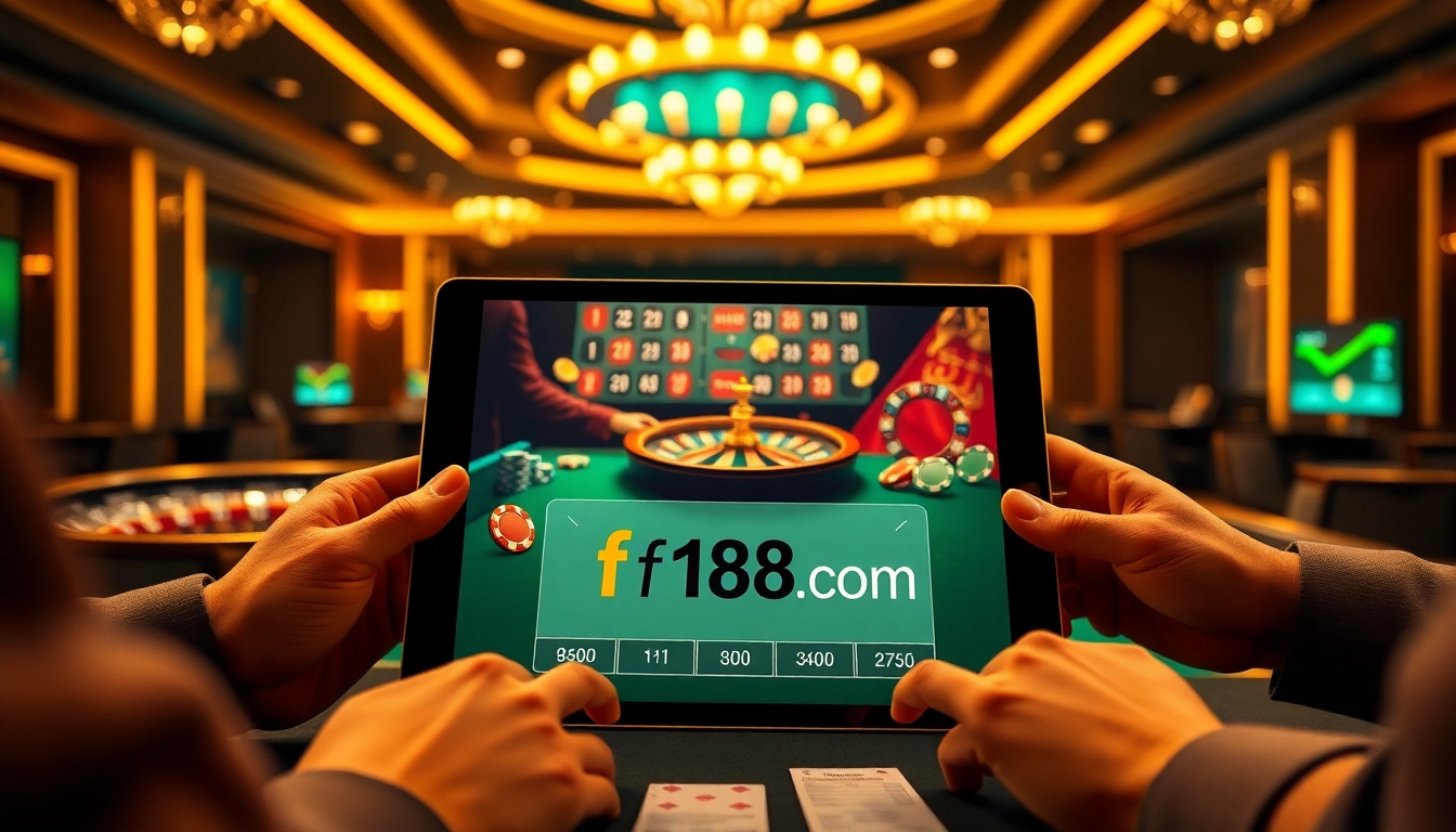 Players engaging in thrilling online betting on f168 com, surrounded by vibrant casino visuals.