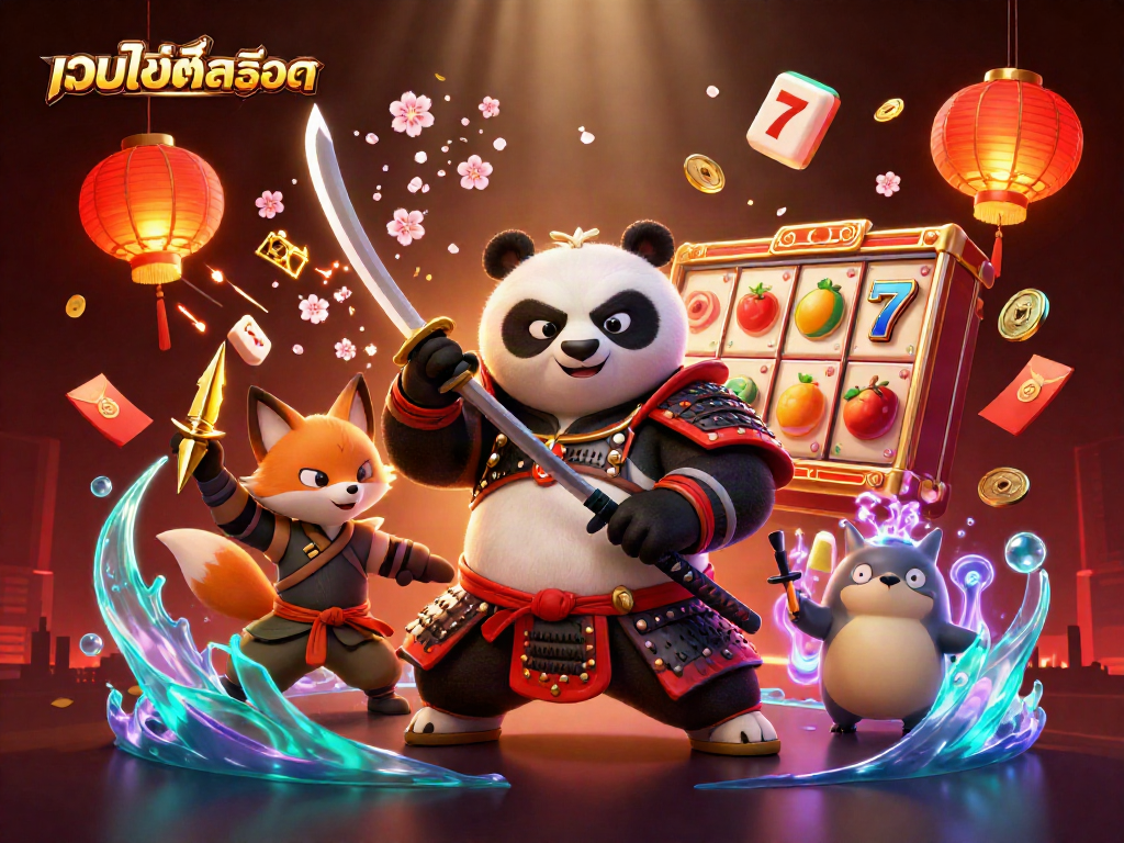 Experience the thrill of เว็บไซต์สล็อต with a dynamic scene featuring a panda warrior and ninja fox amidst vibrant casino elements.