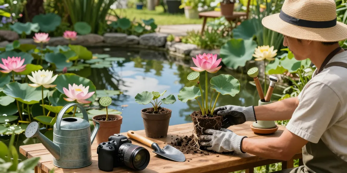 Buy Pond Plants Online - Vibrant pond garden arrangement with colorful plants and gardener, creating a peaceful atmosphere