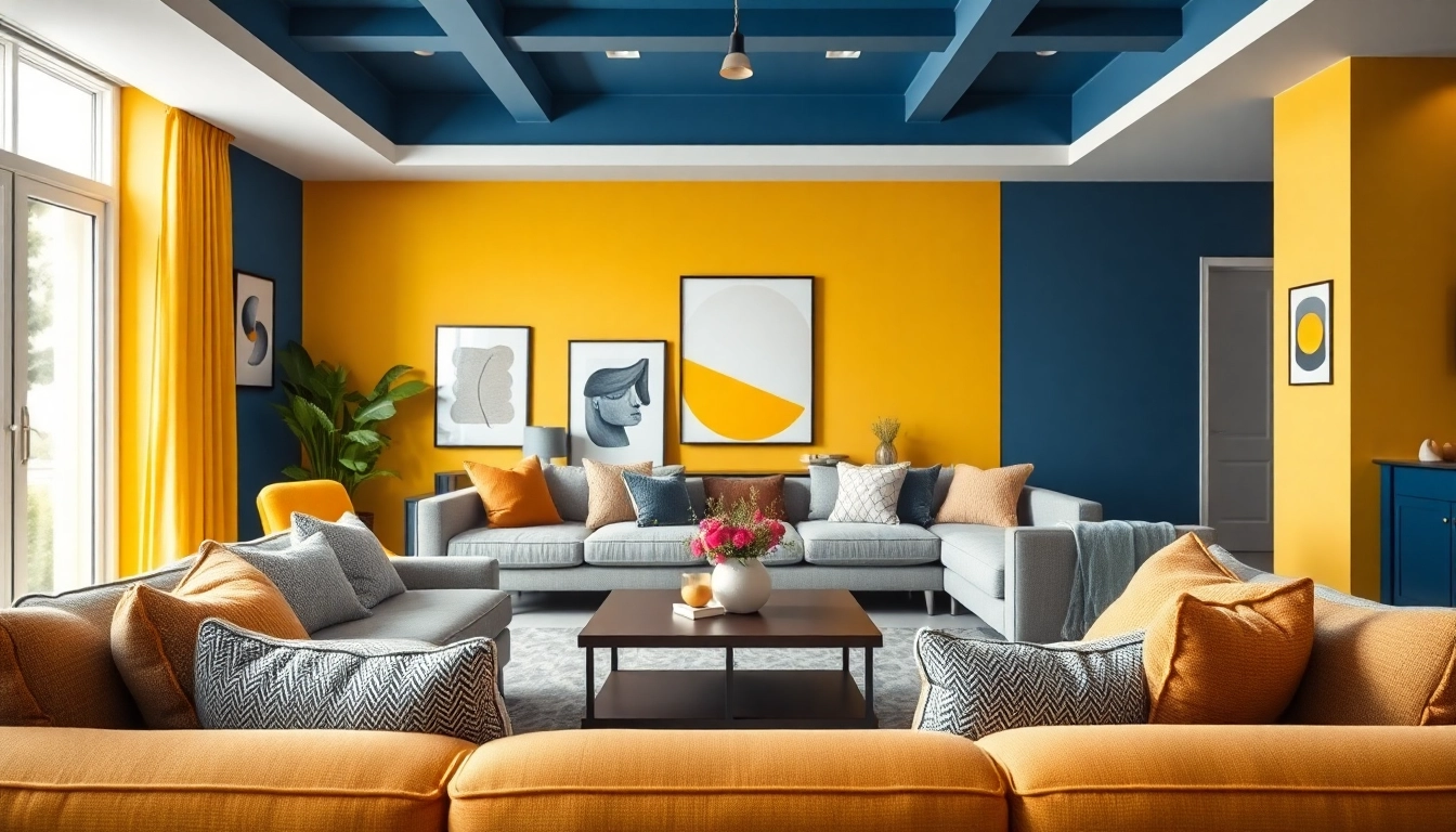 Vibrant accent walls transform a modern living room, highlighting comfort and style.