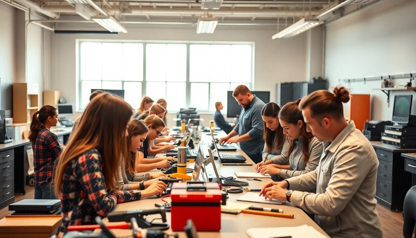 Students learning in a Trade School Knoxville TN classroom with engaged instructors, showcasing hands-on techniques.