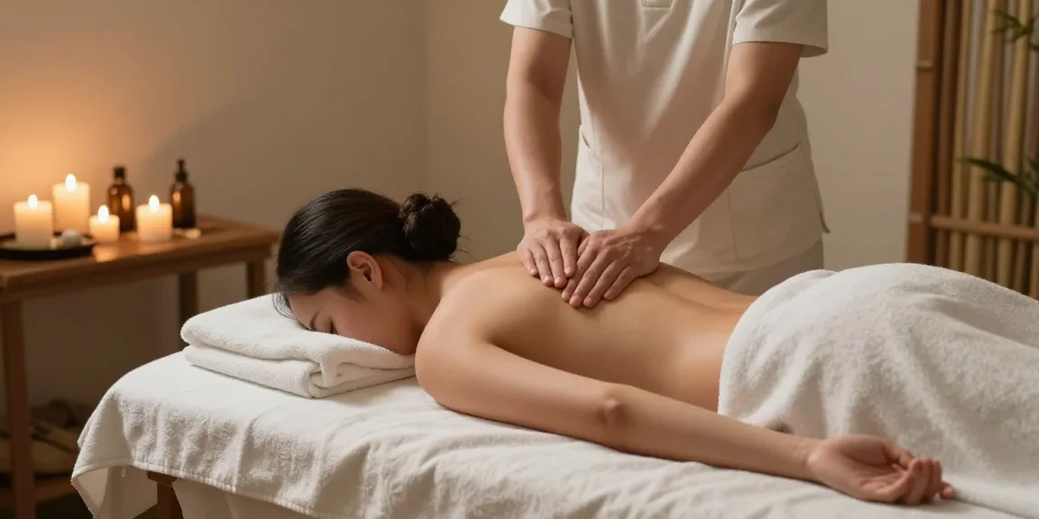 스웨디시 마사지 중인 고객과 아로마 오일, 부드러운 조명으로 편안한 분위기 조성