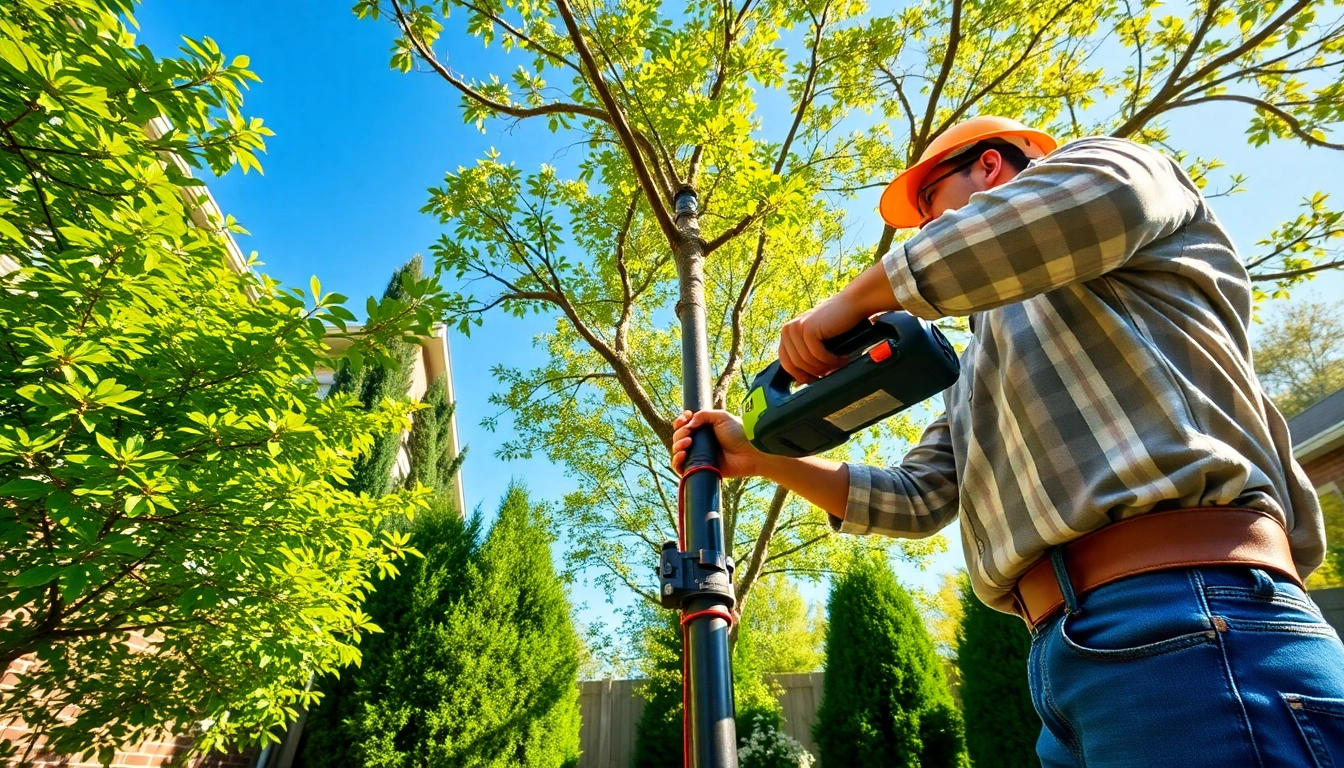 Best electric pole saw in action, trimming tree branches in a vibrant backyard garden.