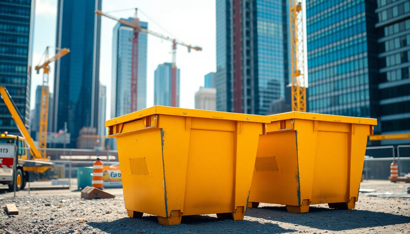 Showcase of roll off bins positioned in an urban construction site with bright energy.