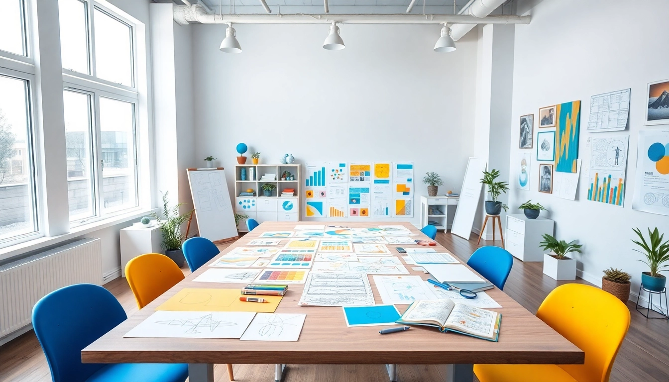 Creative concept development workspace showcasing vibrant designs and materials.