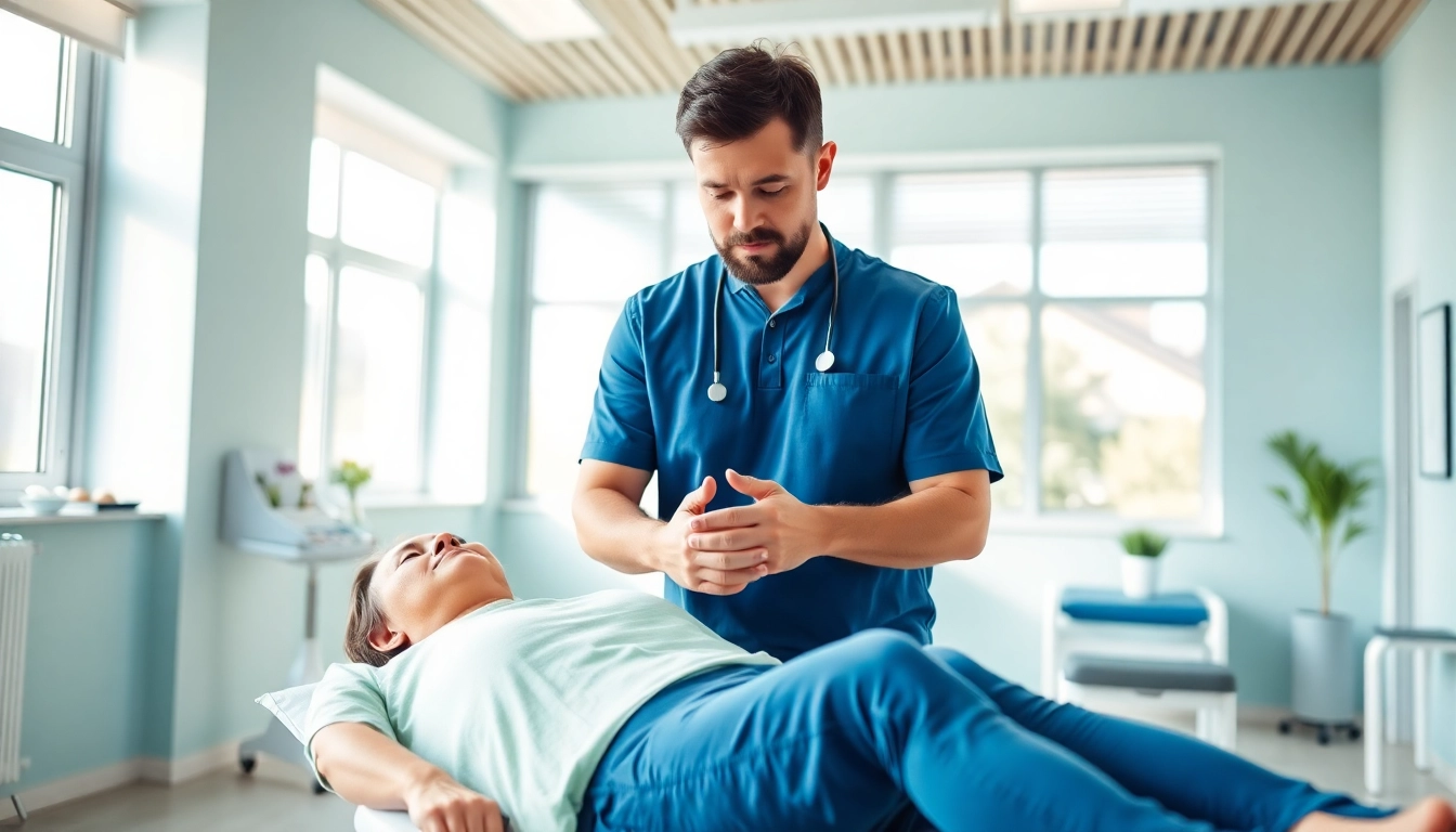 Engaged physiotherapist demonstrating exercises in griesbach physiotherapy clinic.