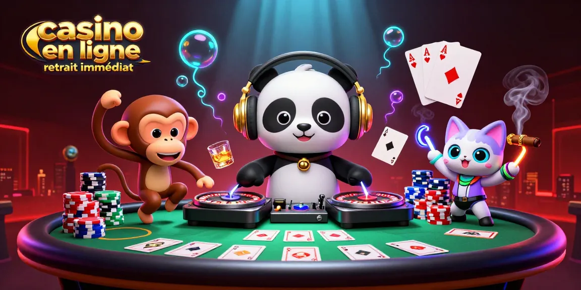 Vivez l'excitation du casino en ligne retrait immédiat avec une illustration 3D animée dynamique et colorée.
