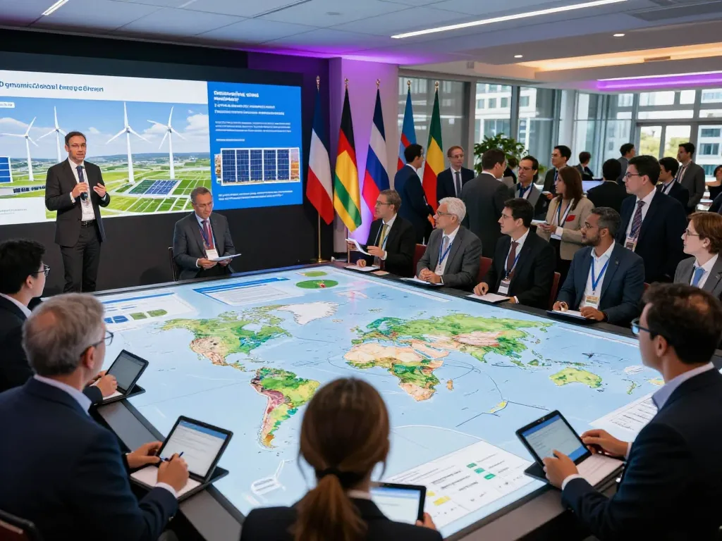 Global Power conference showcasing diverse professionals discussing renewable energy innovations and strategies.