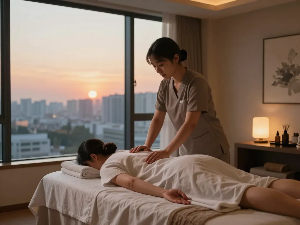 인천 출장마사지 being performed in a calming hotel room, showcasing relaxation and wellness.