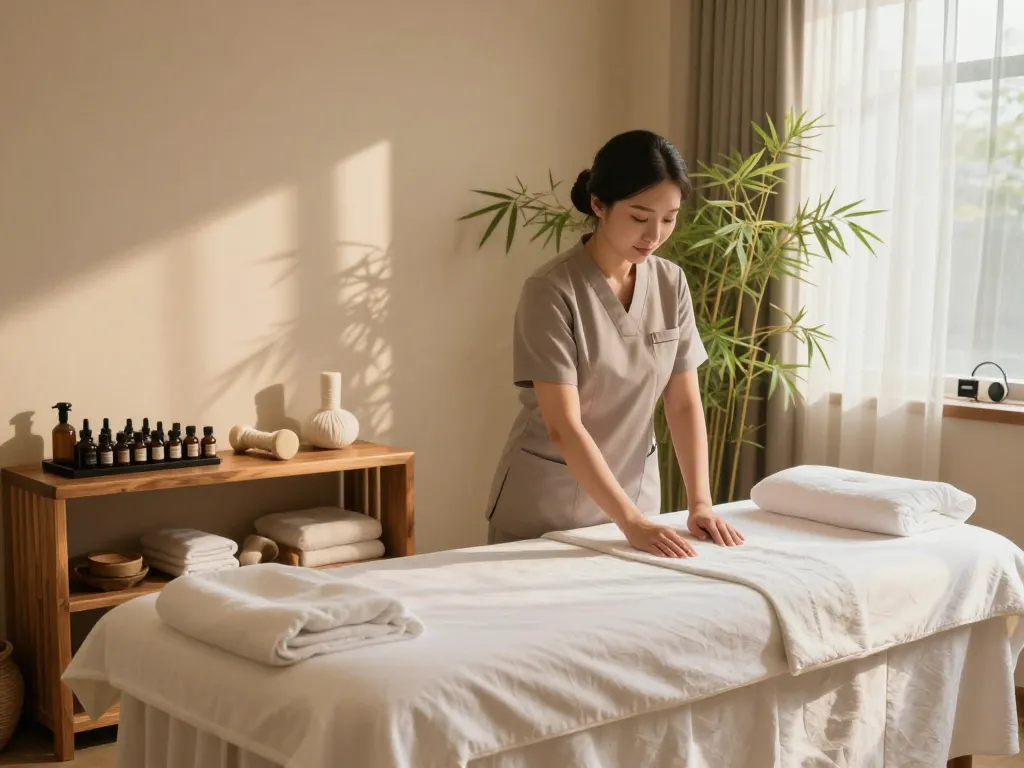 Relaxing 신사동마사지 spa interior with soothing ambiance and inviting therapist.