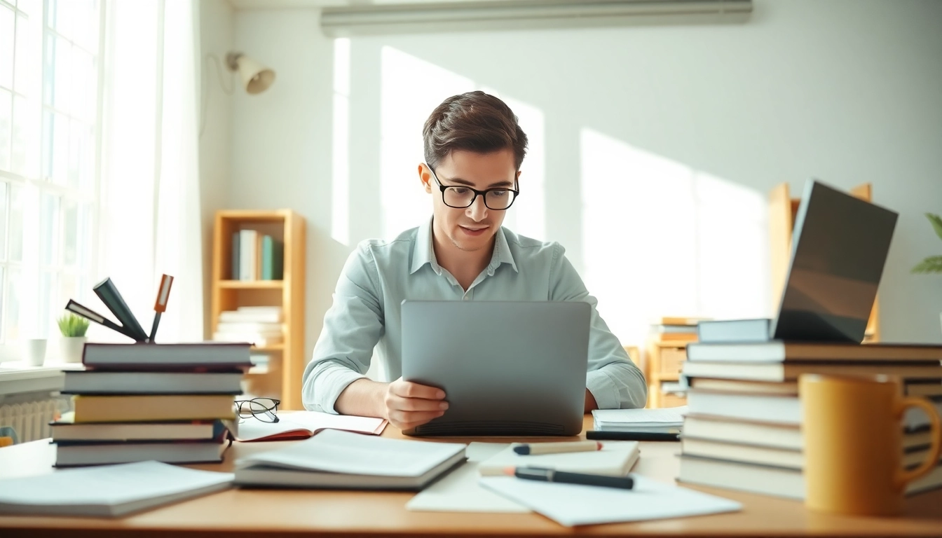 Focused student utilizing exam help resources at a study desk surrounded by notes.