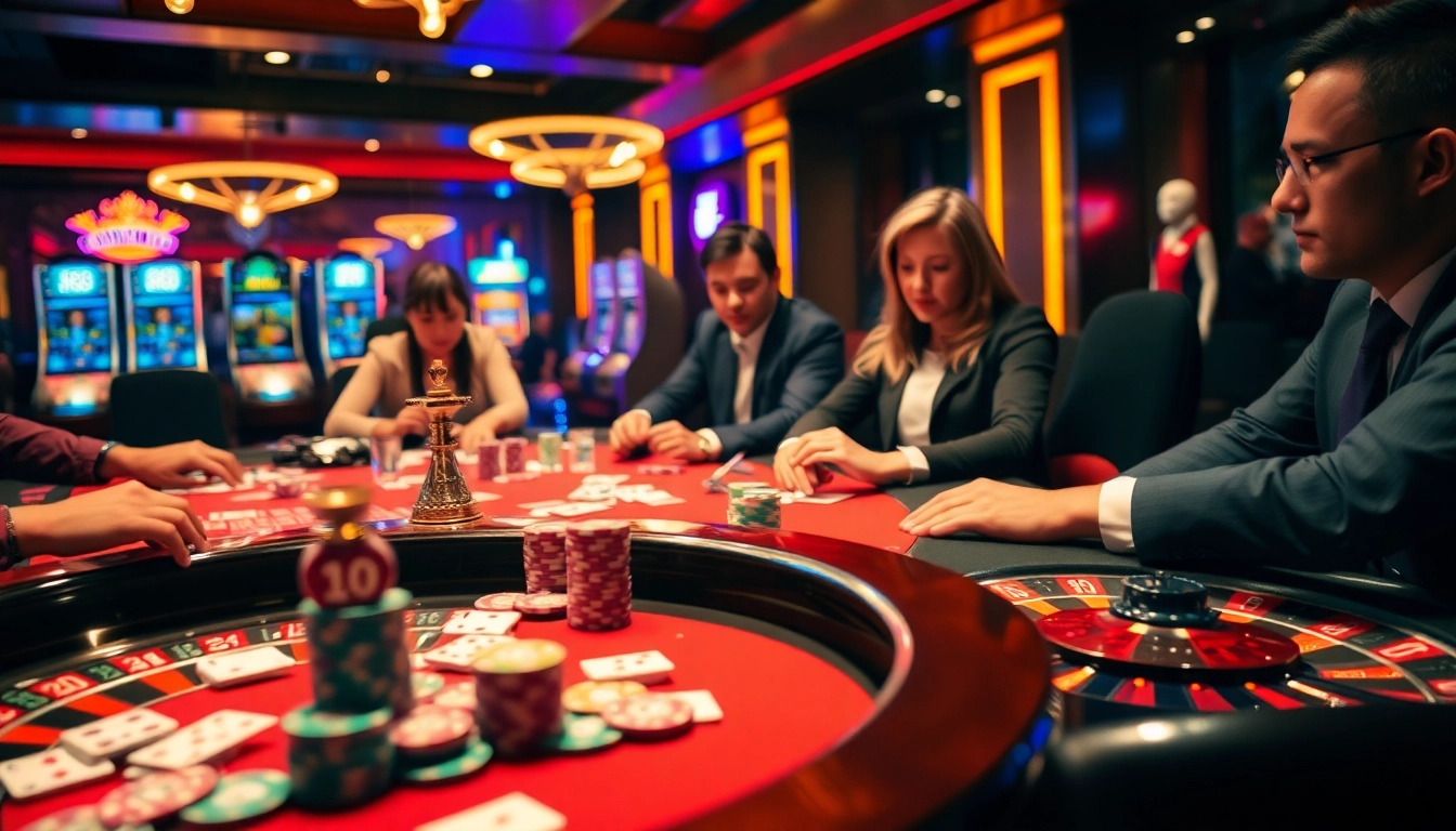 Exciting gambling scene at xin88 with poker chips, cards, and a roulette wheel.