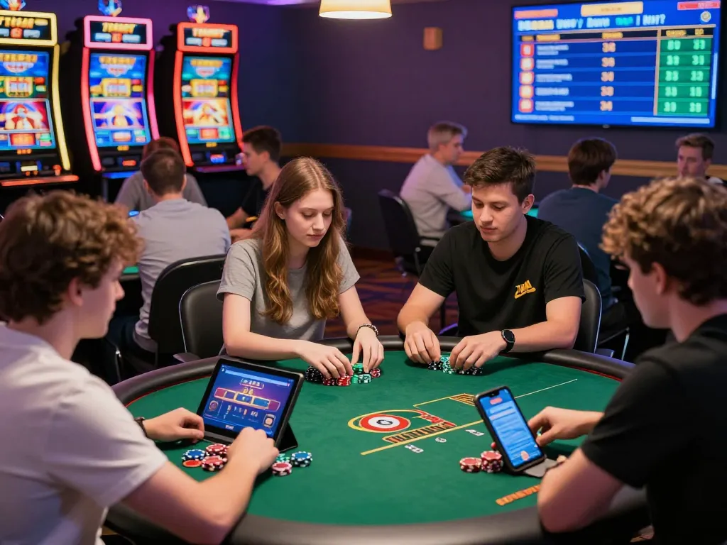 Exciting TG88 online gaming experience with players at poker tables and sports betting screens, showcasing lively interaction and vibrant atmosphere.