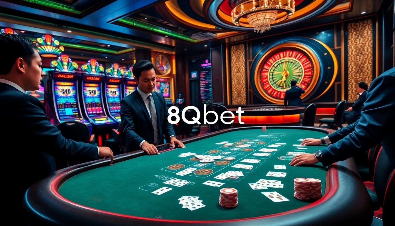 Engaging scene of gambling at 8qbet casino with blackjack table, poker chips, and slot machines.