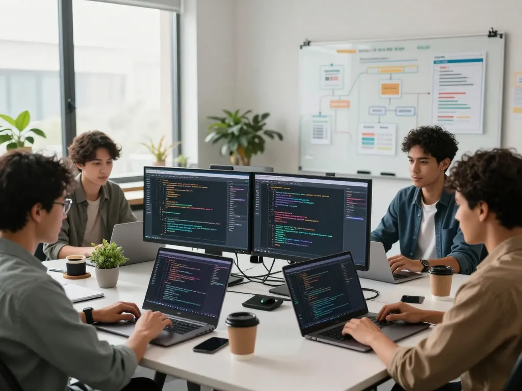 Team of developers actively collaborating on molt bot projects in a modern workspace, surrounded by tech tools and digital displays.