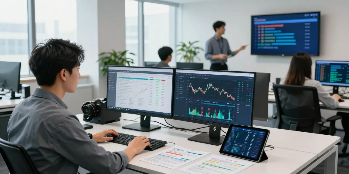 Data analyst reviewing financial crime intelligence in a modern office.
