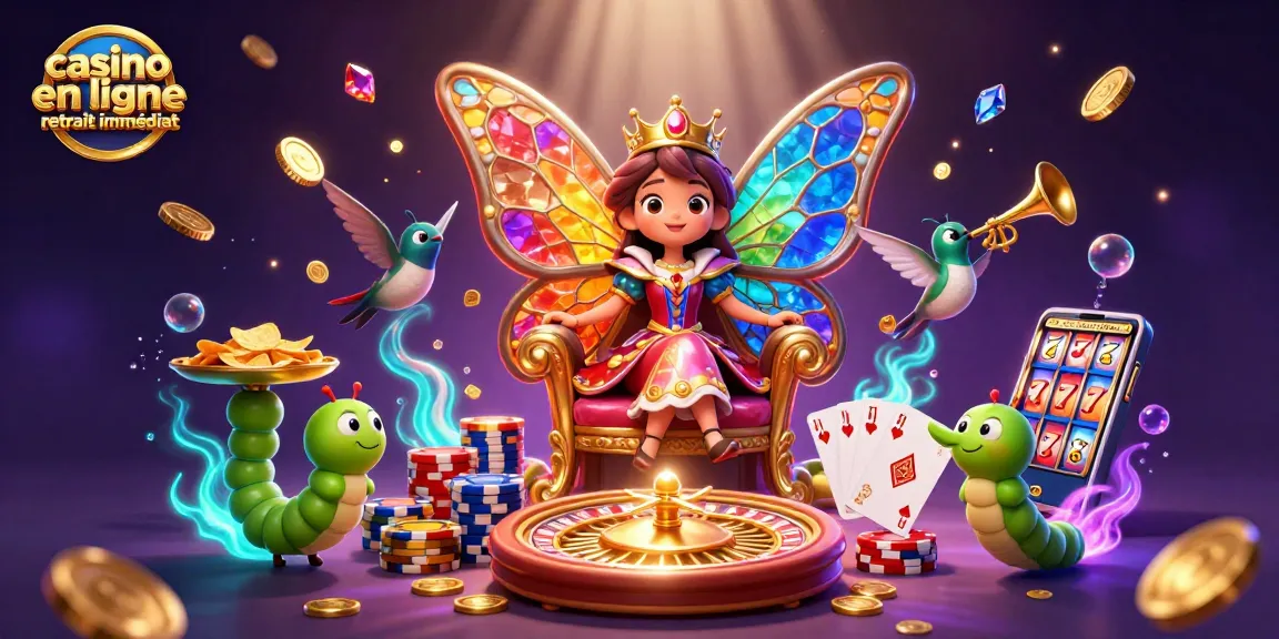 Profitez du casino en ligne retrait immédiat avec une reine papillon majestueuse entourée de décorations scintillantes.