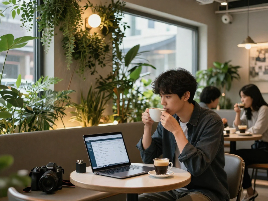 강남쩜오 멀리건에서 커피를 즐기며 여유를 만끽하는 모습, 세련된 공간에서 편안한 분위기를 표현