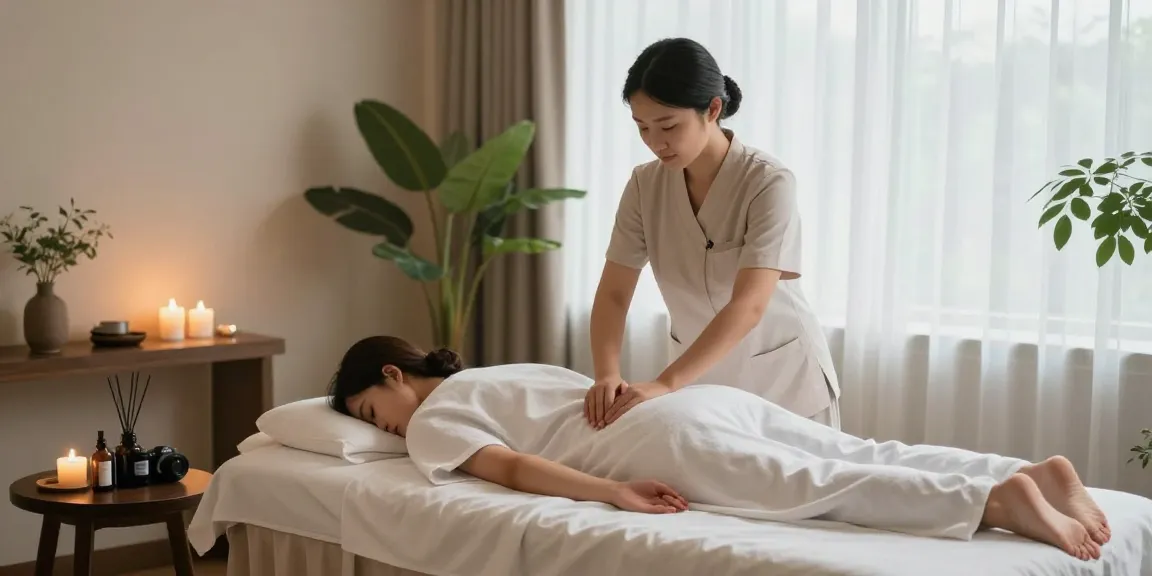 스웨디시 마사지가 진행되는 차분한 스파 환경과 아로마 테라피 요소