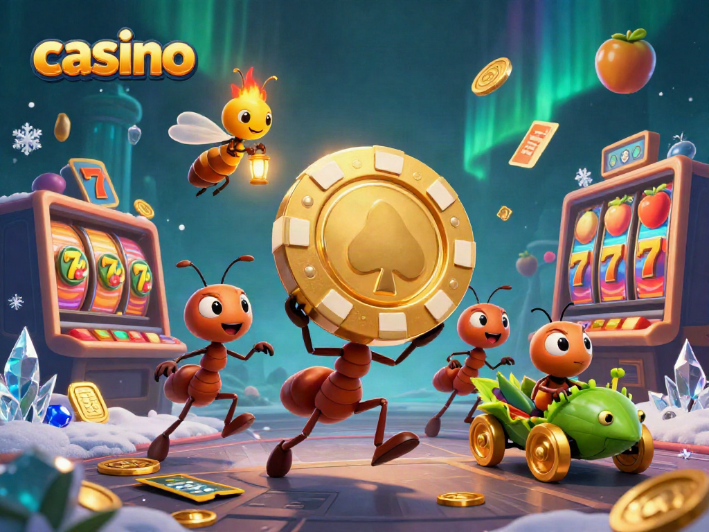 Ants carrying a giant poker chip in a casino-themed adventure with vivid 3D details.