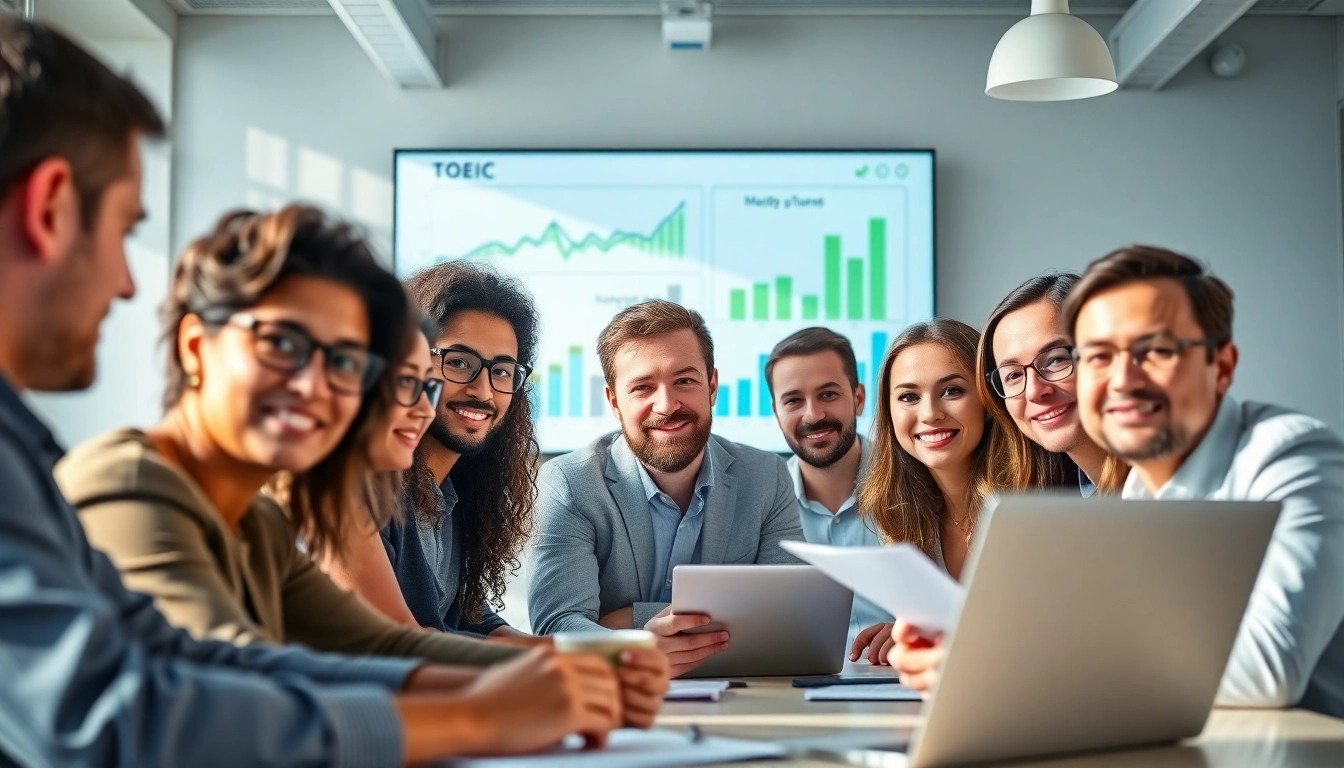 TOEIC test takers for hire collaborating in a bright office, focusing on their strategic meeting.