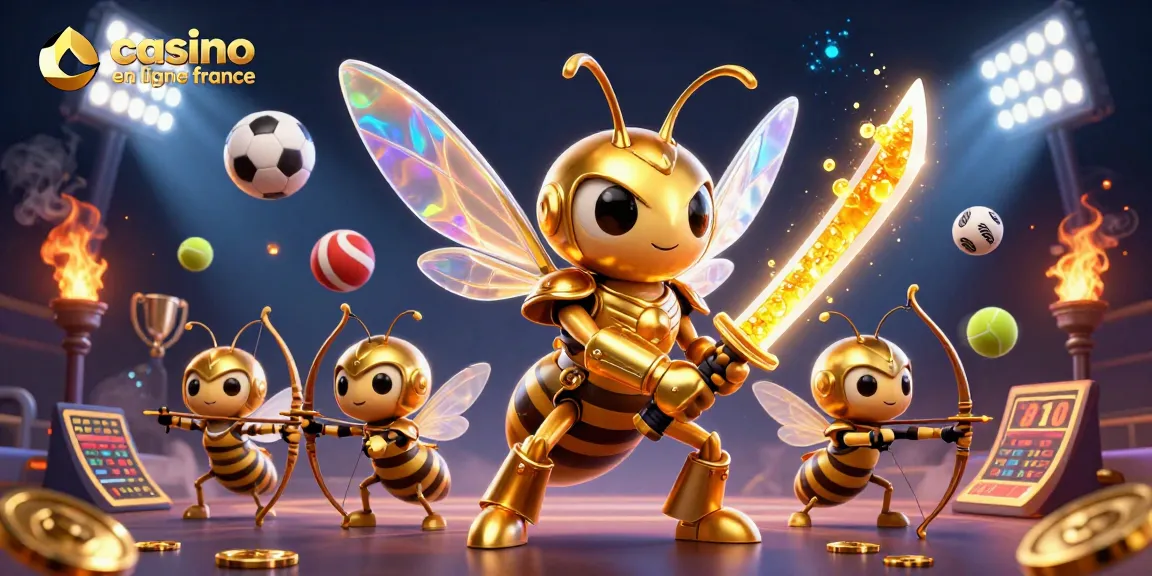 Jouez dans des casinos en ligne en France avec une illustration captivante d'un hornet doré et de ballons de sport.
