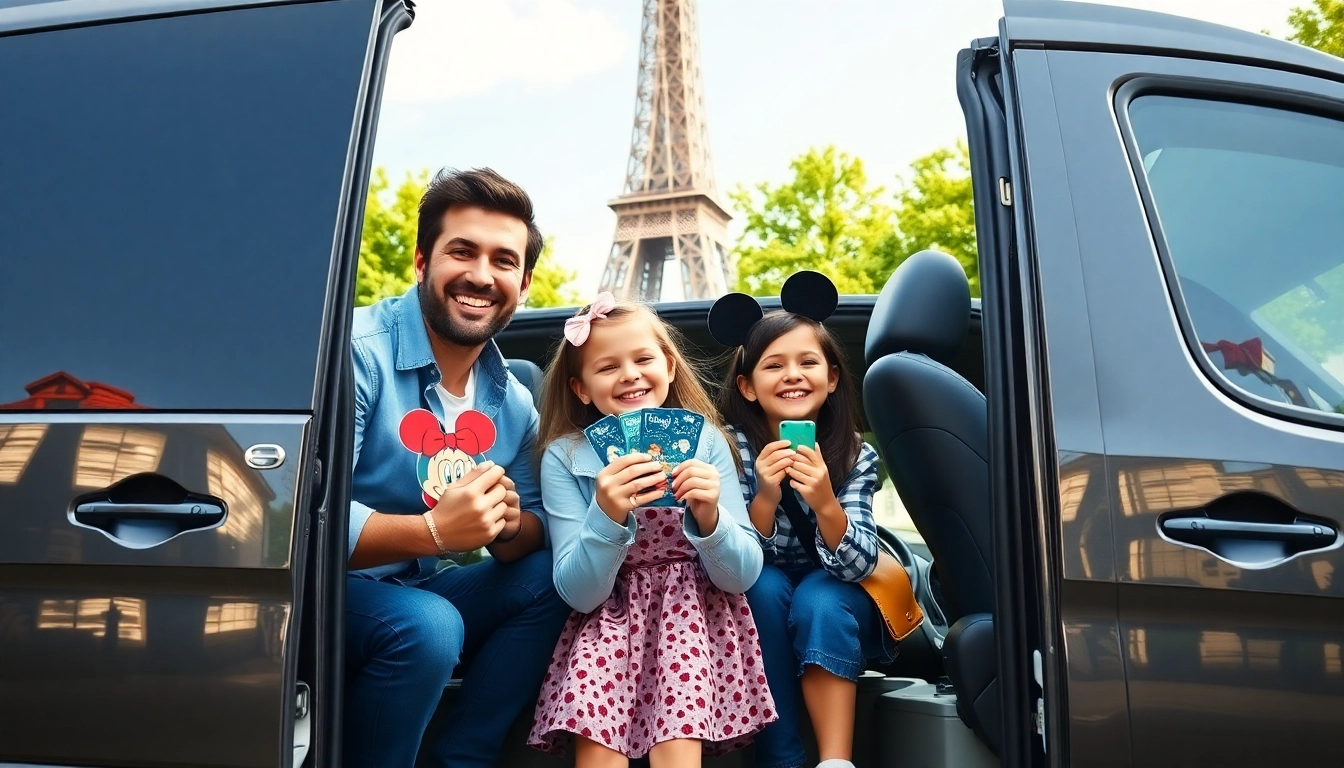 Enjoying the ride during Beauvais Airport to Disney Transfer in a cheerful family minivan scene.