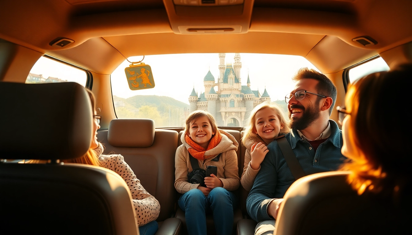 Traveling in a comfortable vehicle for Beauvais Airport to Disney Transfer, showcasing happy travelers.