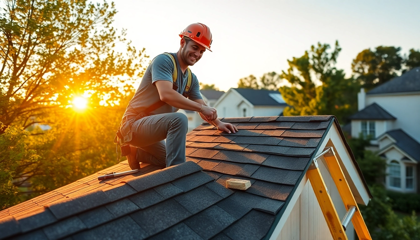 Affordable roofer near Flowery Branch, GA installing shingles on a residential roof.