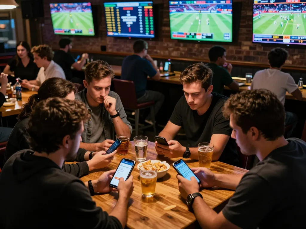 Kèo nhà cái displayed on smartphones while friends cheer during live sports betting in a lively atmosphere.