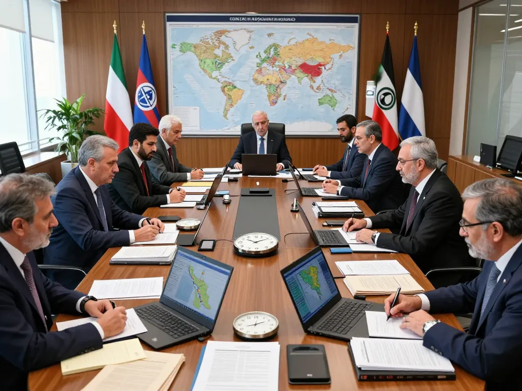 Iran nuclear negotiations with diplomats discussing strategies and maps amidst global security concerns.