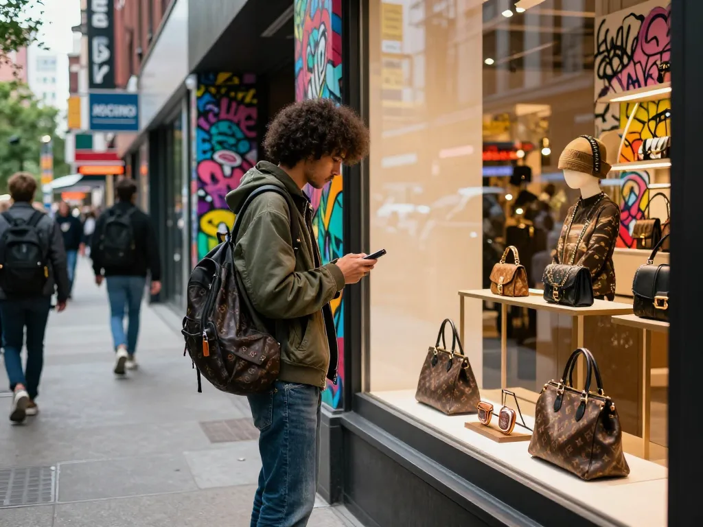 Stylish individual exploring trendy 레플리카 fashion in an urban street setting.