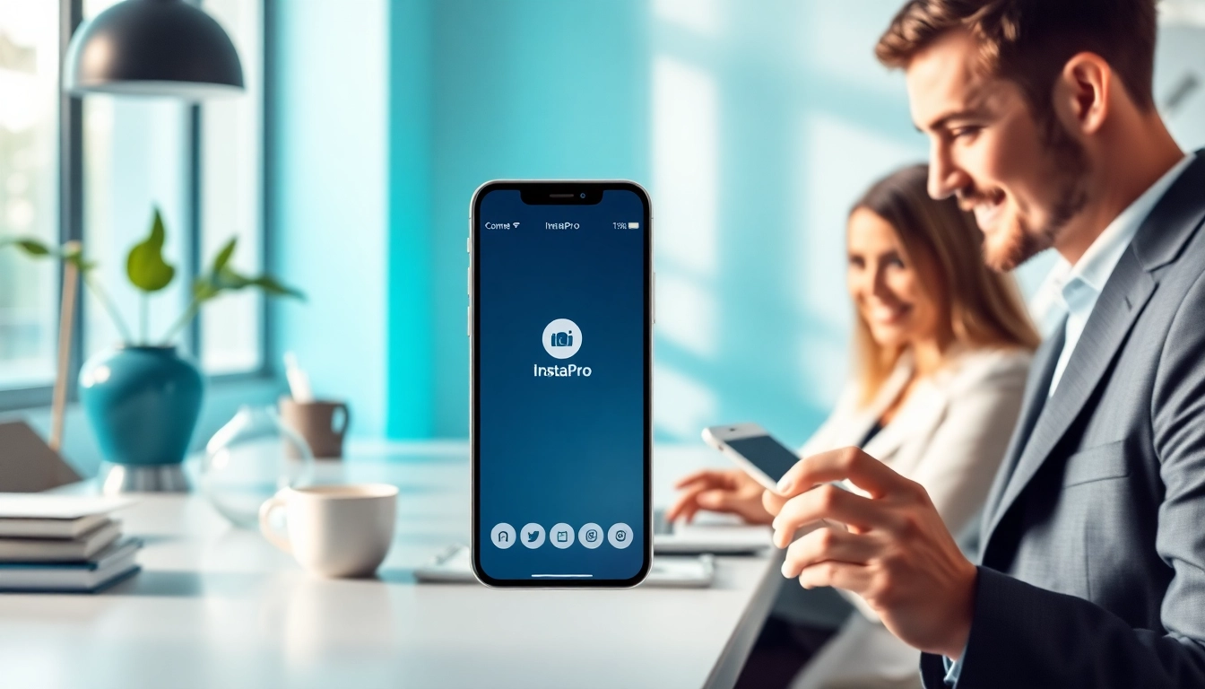 InstaPro app interface displayed on a smartphone, conveying innovation and user-friendliness.