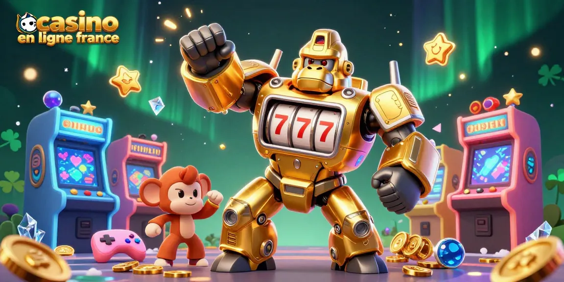 Profitez des jeux sur casino en ligne France avec le méca gorille aux rouleaux lumineux et des machines colorées.