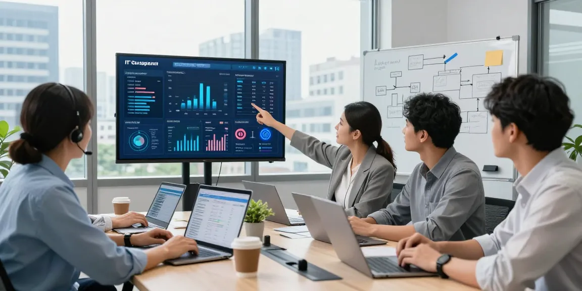 Team discussing How much does IT support cost in UK? in a modern office with data analytics and laptops.