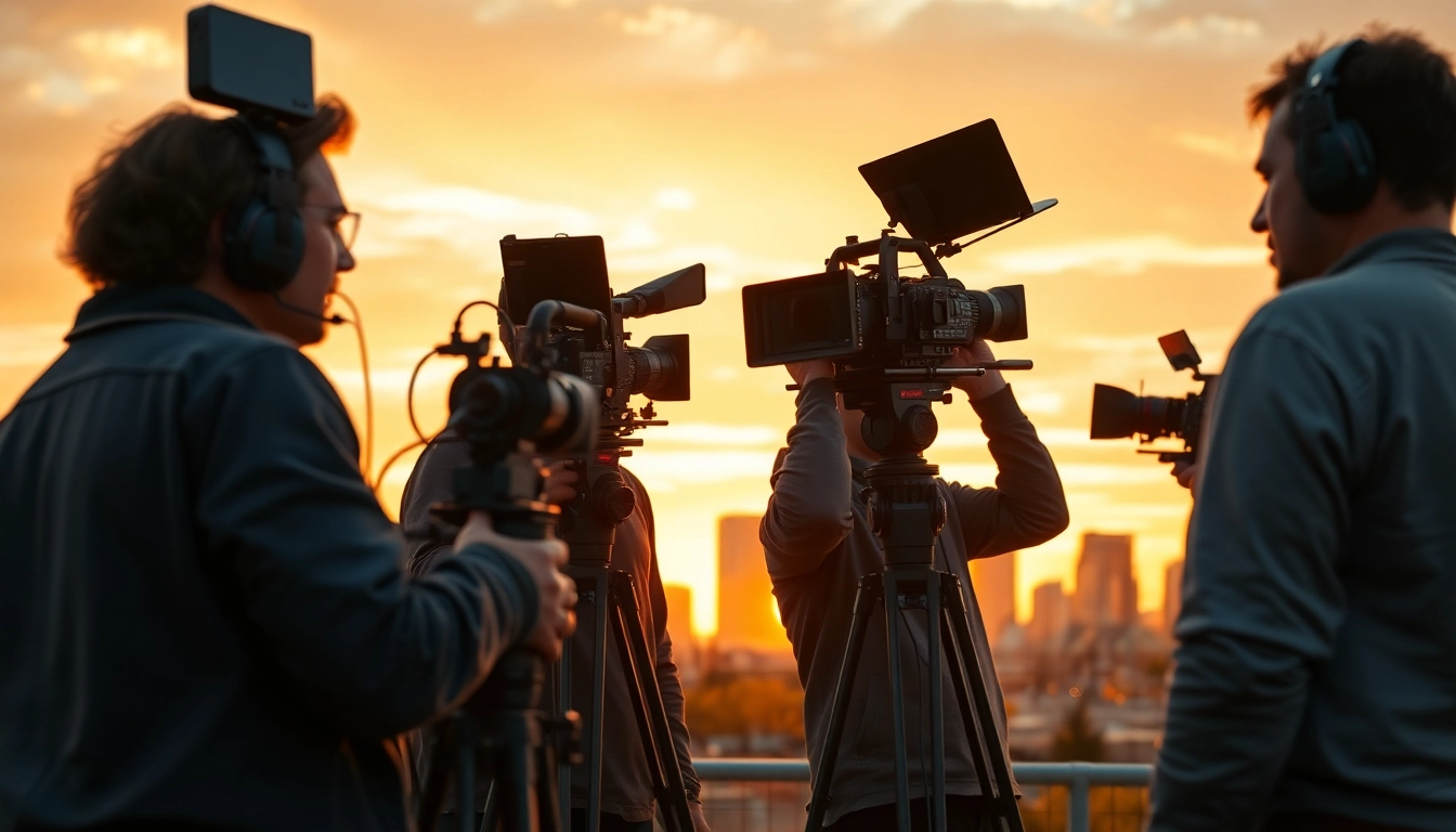 Showcasing edmonton production companies collaborating on a film set with equipment and skyline.