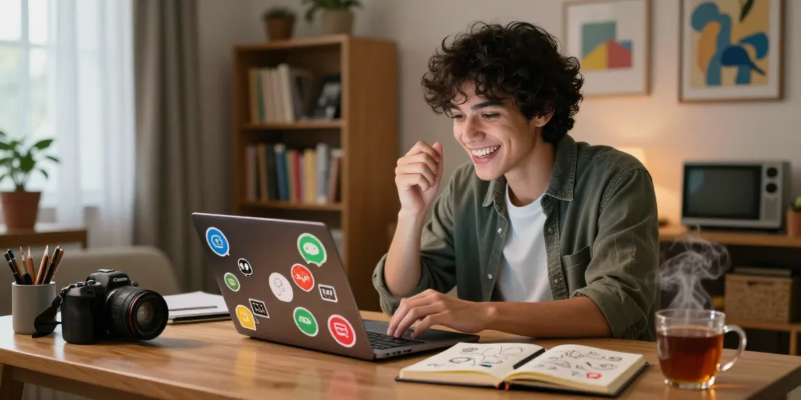 Engaging spicy chat scene with a young adult interacting joyfully on laptop in a cozy home.