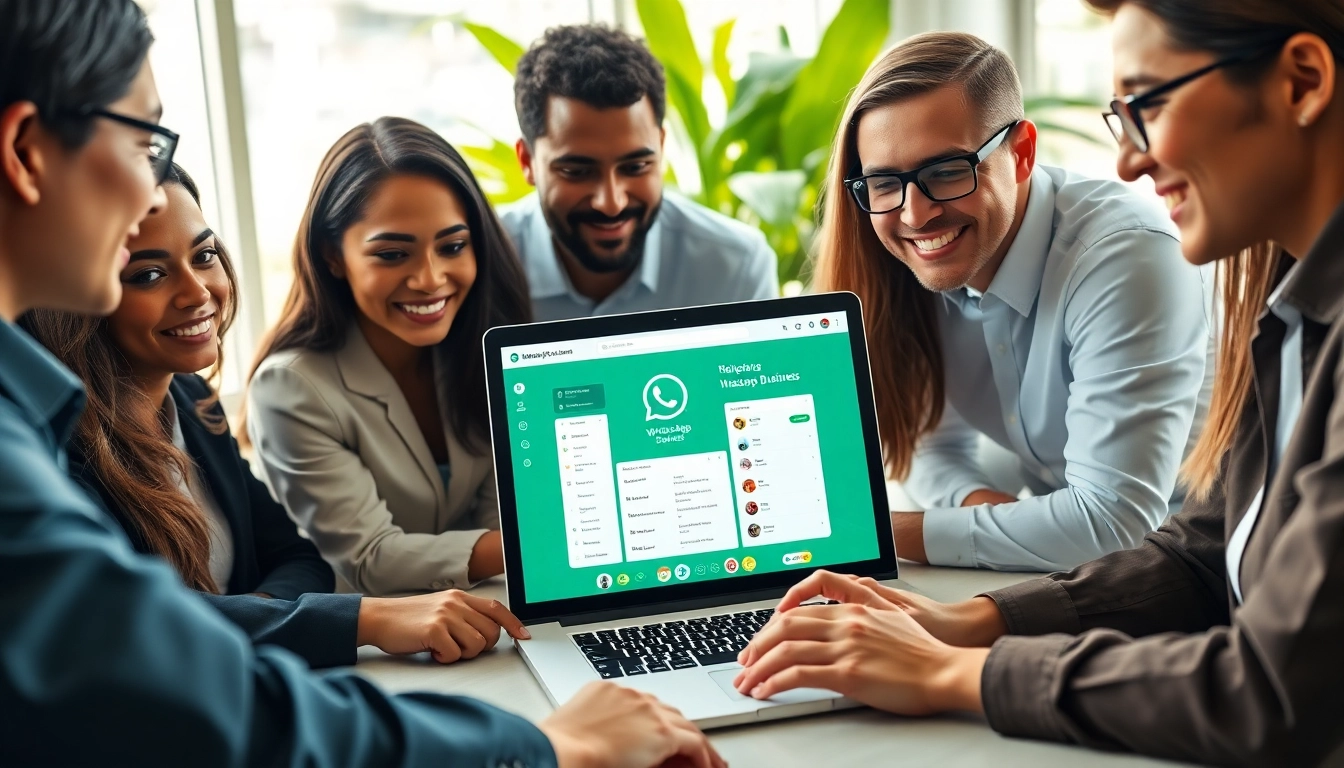 Engaged team using WhatsApp Business CRM for effective collaboration in a modern office.