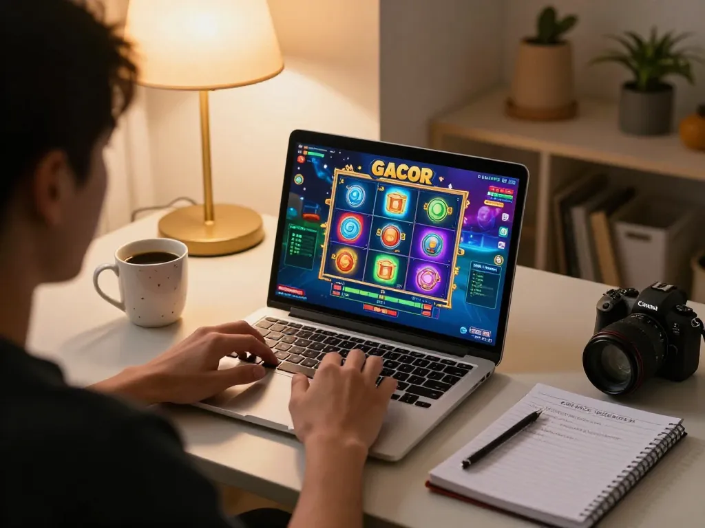 Engaging in a slot gacor game on a laptop, with strategy notes and a coffee cup in a warm home office