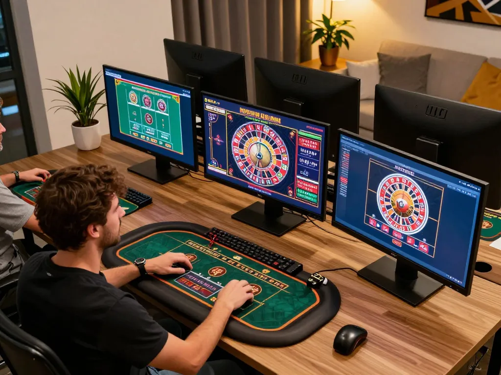 Engaging in online gaming at https://www.mnm88.com/ with multiple screens showing casino games and a stylish setup.
