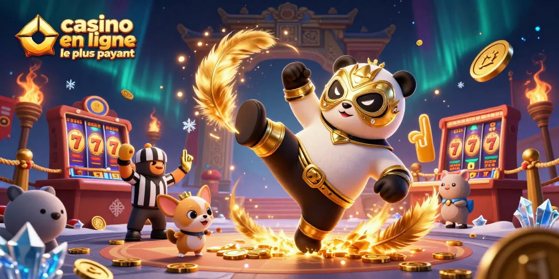 Illustration dynamique d'un tournoi de casino en ligne le plus payant avec panda lutteur 3D et chihuahua arbitre