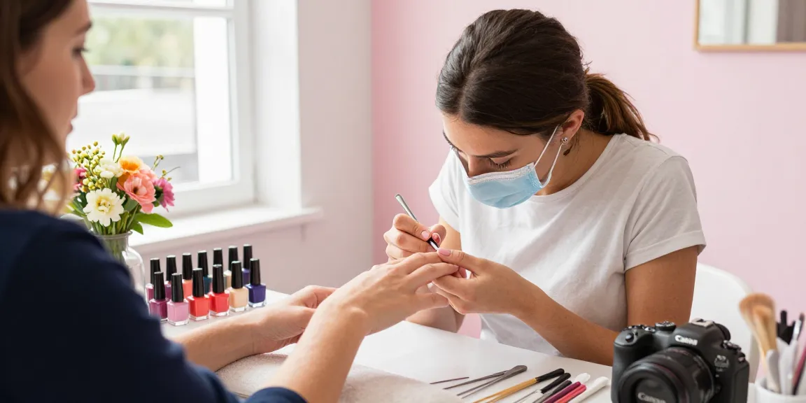 Clientă primind aplicarea de oja semipermanenta într-un salon elegant.